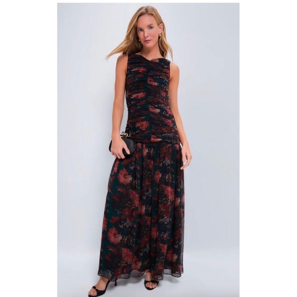 Tuckernuck Persimmon Floral Chiffon Eloise Dress Ruched Maxi Sz 6 NWT